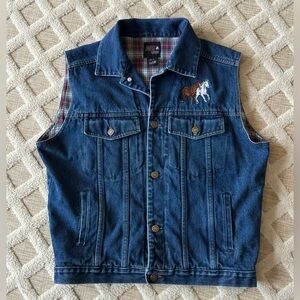 Vintage Blue Denim Vest With Plaid Lining Size XL Embroidered Horse Detail Retro